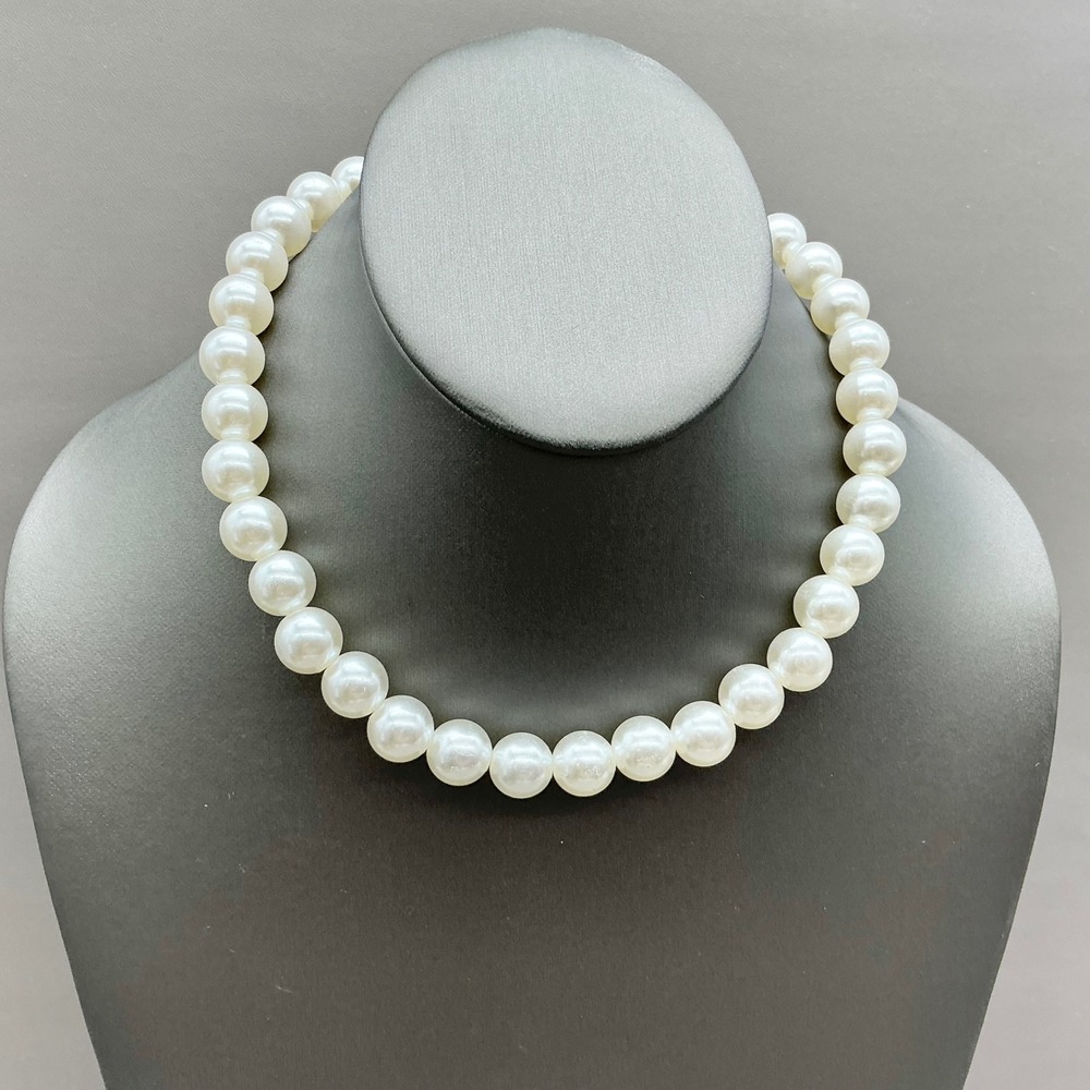 Faux Pearl Necklace Women White Round Bead Choker Adjustable Silver Tone Chain